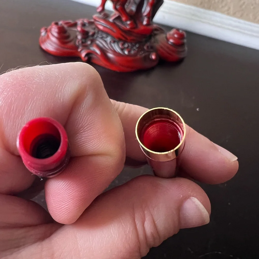 Vintage Red Resin Goat Pen Holder, Mandarin Product, Double Pen Stand